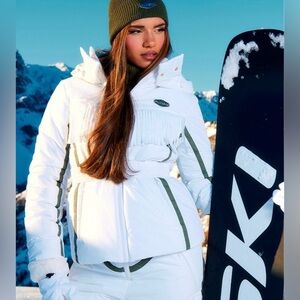 Pretty Little Thing white contrast fringed detailed puffer coat with belt